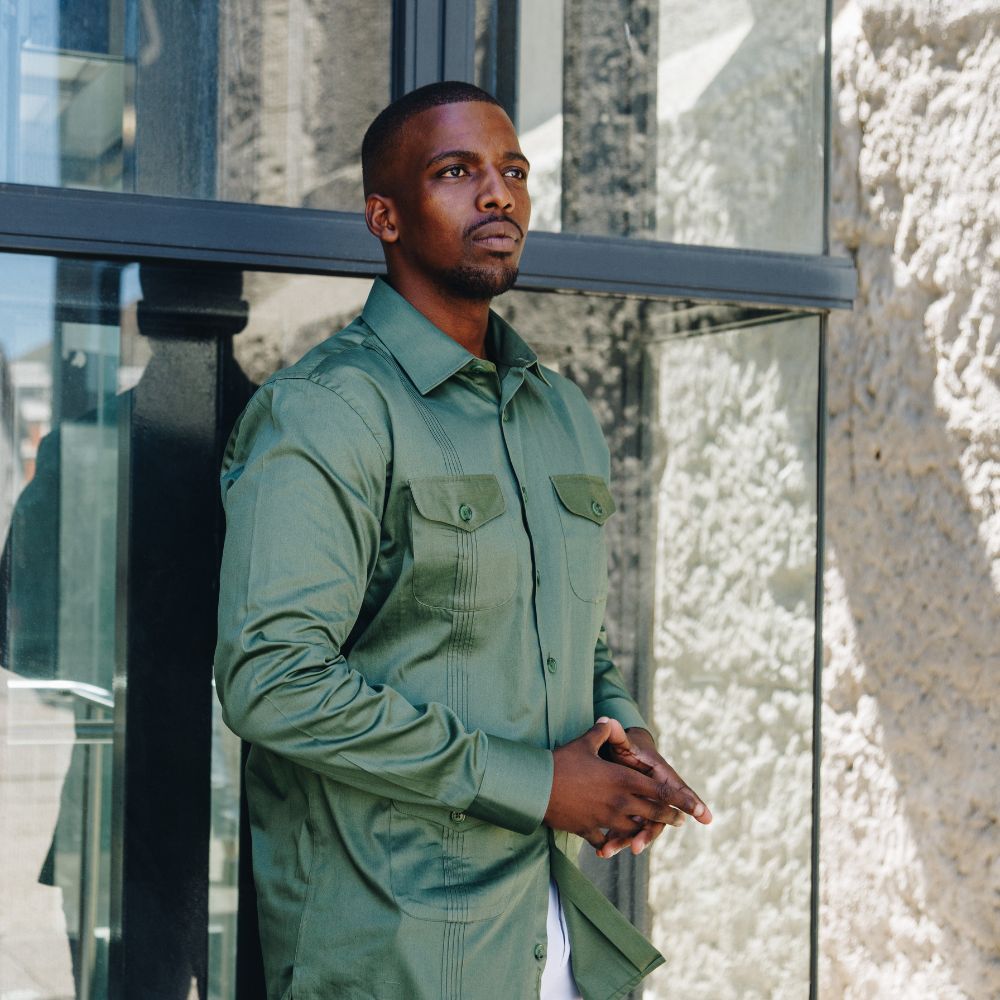 Olive Quest Multi-Pocket Pleated Long Sleeve Shirt