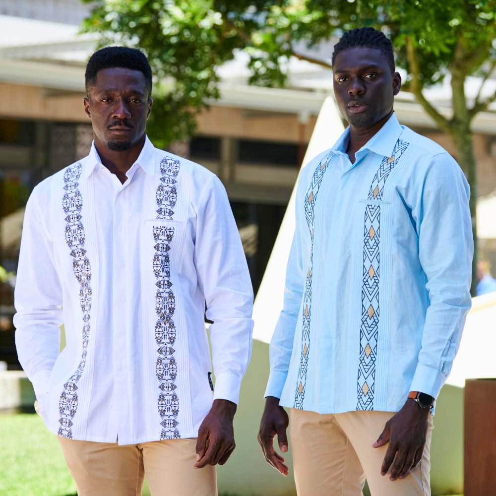 Presidential Style - White Gold Long Sleeve Cotton Linen Embroidered Men's Shirt