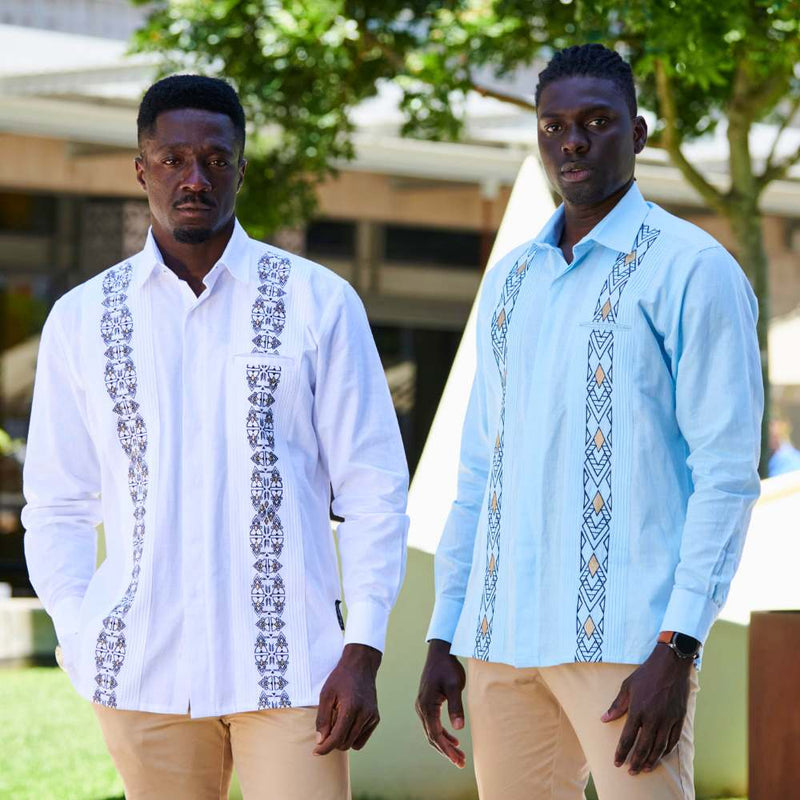 Presidential Style - White Gold Long Sleeve Cotton Linen Embroidered Men's Shirt