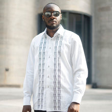 Embroidered Zig-Zag White Long Sleeve Cotton Men's Shirt