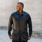 Madiba Original Black Diamante Iconic 100% Silk Shirt With Line Embroidery