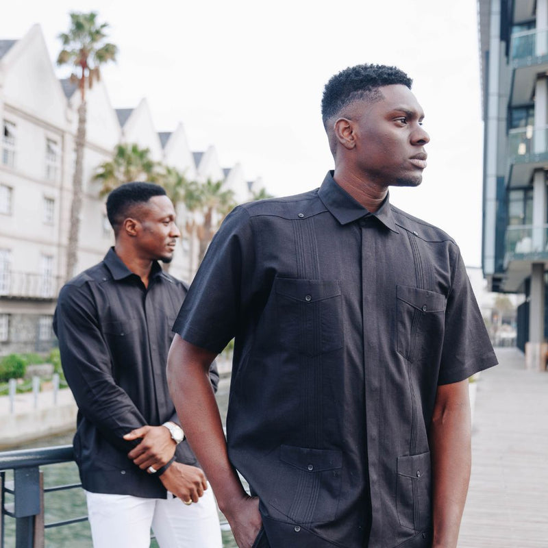 Black Sky Short Sleeve Cuban Multi-Pocket Cotton Linen Shirt