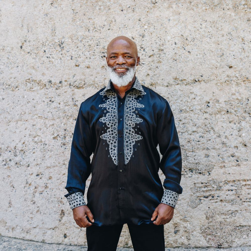 Black Diamante Iconic 100% Silk Shirt With Chest Embroidery