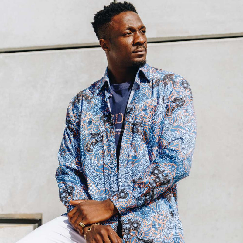 Madiba's Classic Med Blue with Gold Men's Long Sleeve Printed Cotton Shirt