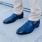 Classic Navy Woven Men’s Leather Loafers – Stylish & Comfortable Dress Shoes