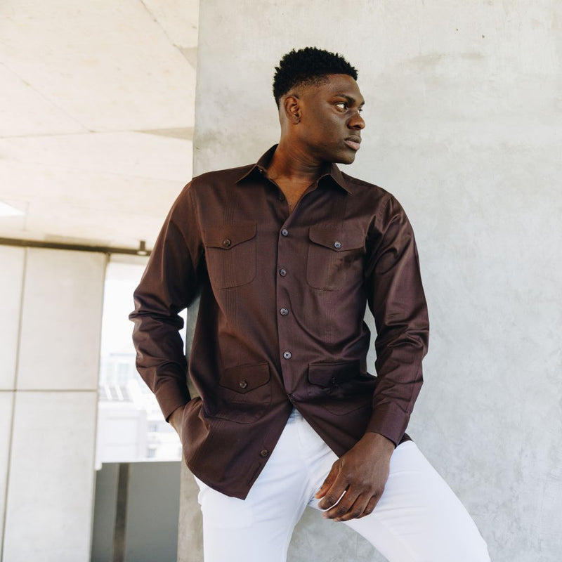 Brown Quest Multi-Pocket Pleated Long Sleeve Shirt