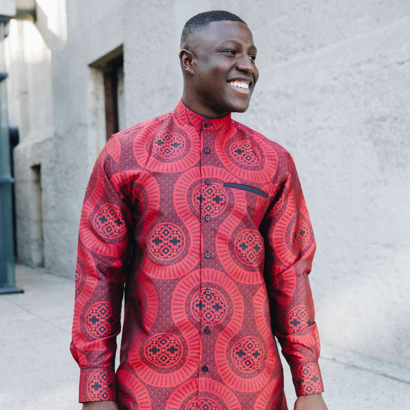 Large African Wave - Red Long Sleeve Jacquard Woven Men's Shirt