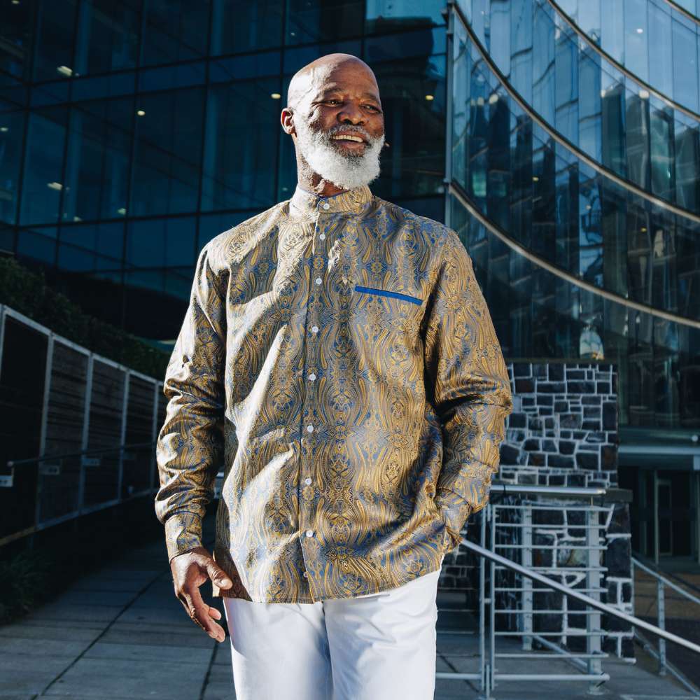 Royal Prince - Gold Blue Long Sleeve Jacquard Woven Men's Shirt