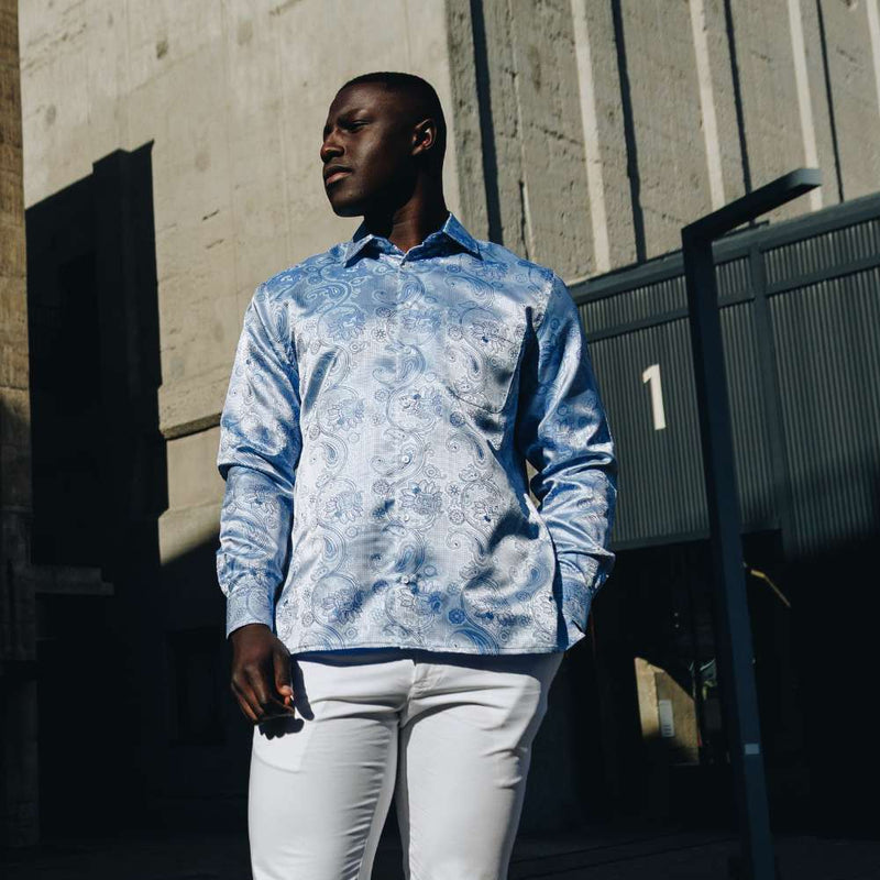 Dotted Paisley - Royal Blue Long Sleeve Jacquard Woven Men's Shirt