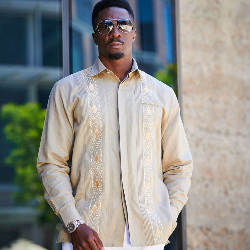 Presidential Style - Olive Long Sleeve Linen Cotton Embroidered Men's Shirt