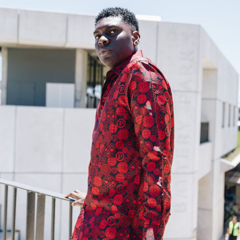 African Baloons Red Men's Jacquard Satin Luxury Formal Shirt