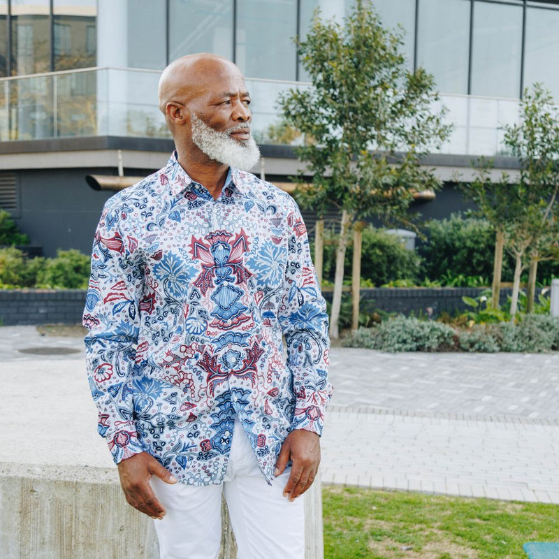 Spring Flowers - Blue Men's Long Sleeve Printed Cotton Shirt