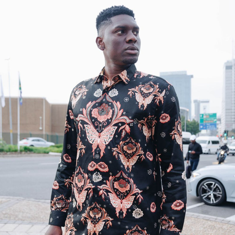 Mandela's Rose Black - Men's Long Sleeve Printed Cotton Shirt