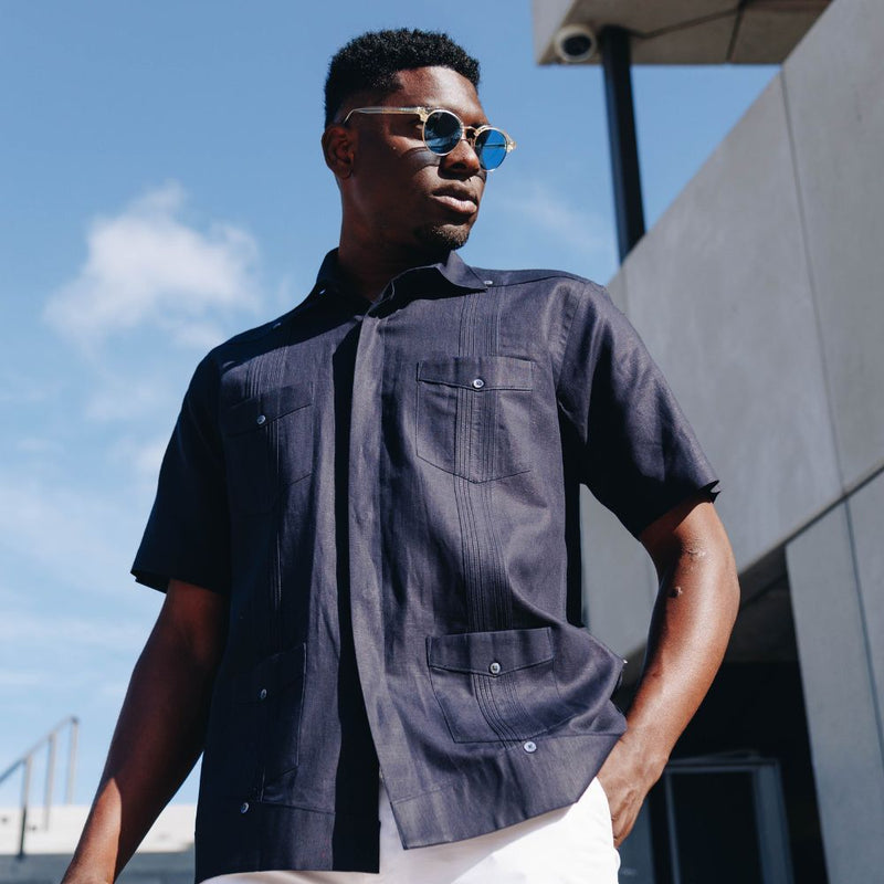 Midnight Sky Short Sleeve Cuban Multi-Pocket Cotton Linen Shirt