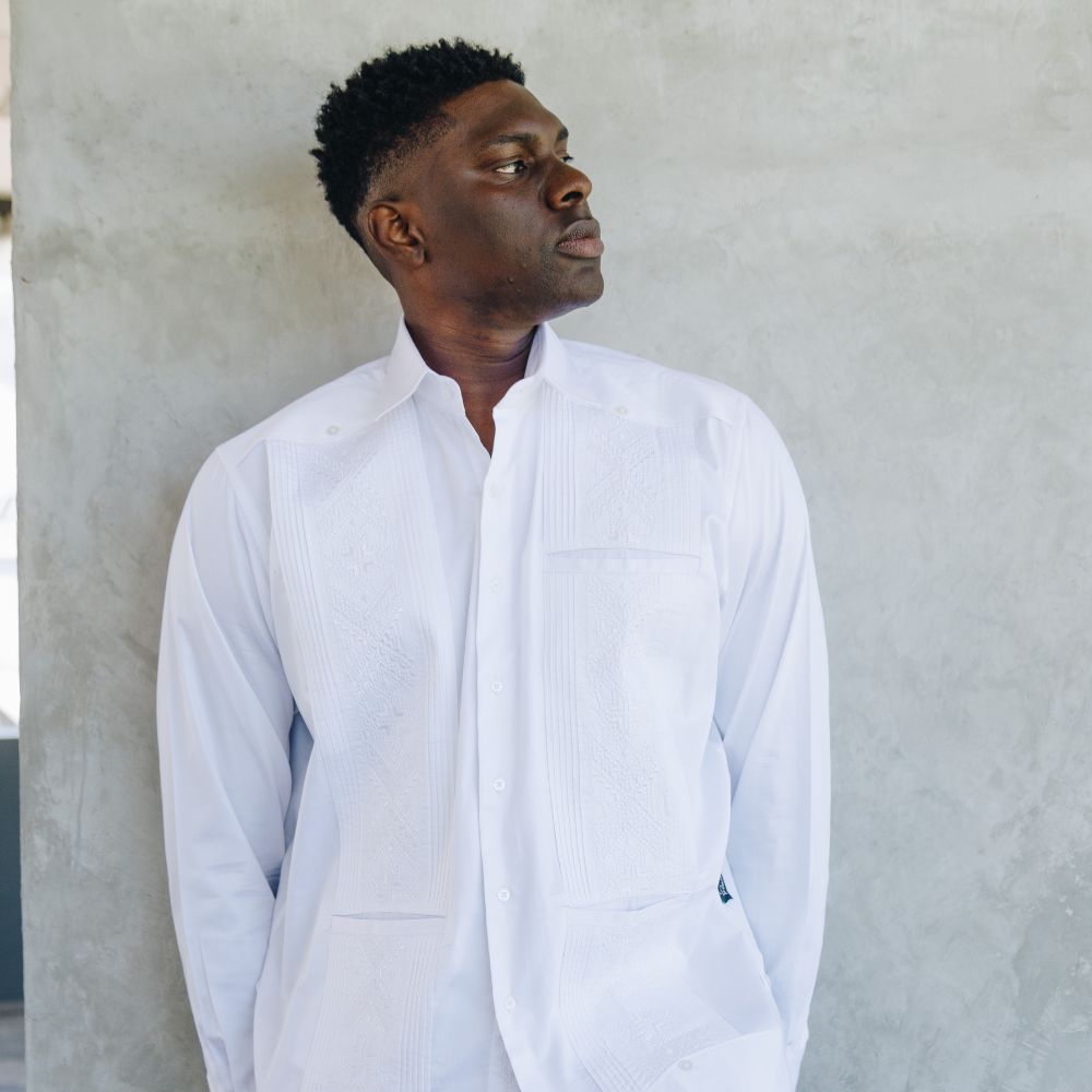 White Long Sleeve Cotton Sateen Embroidered Multi-Pocket Men's Shirt