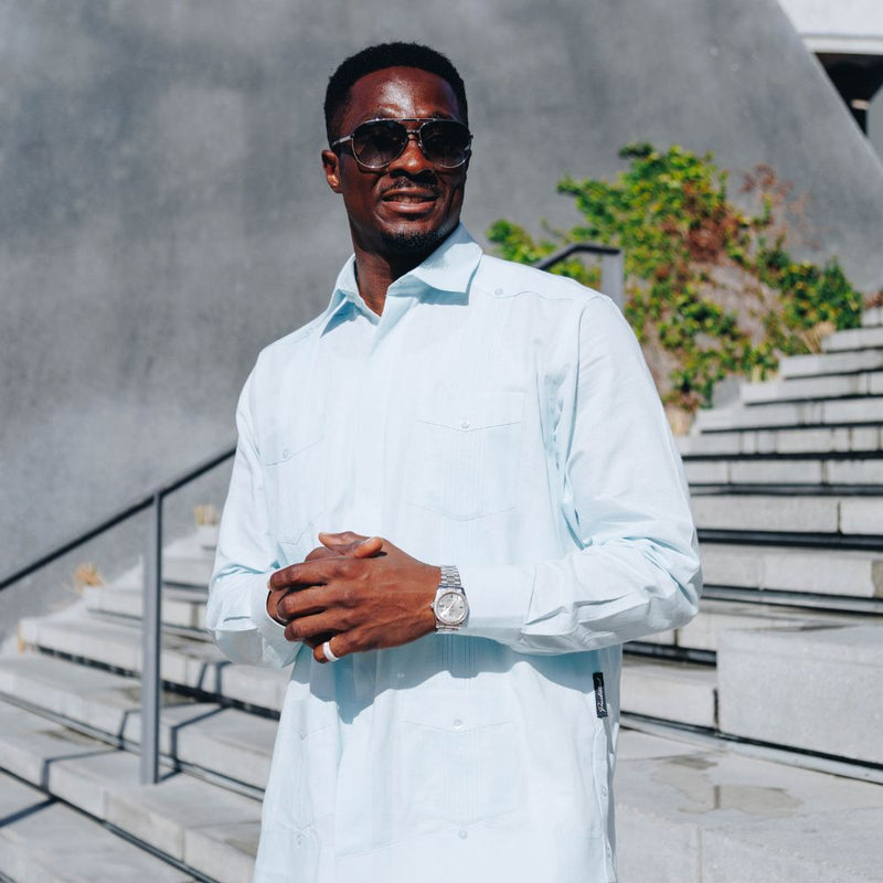 Light Blue Sky Long Sleeve Cuban Multi-Pocket Cotton Linen Shirt