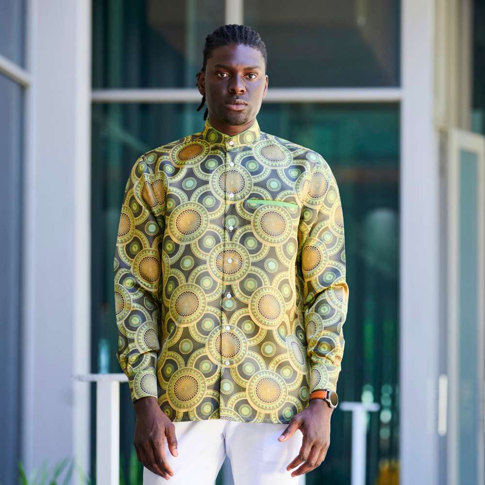Large African Circle - Green Long Sleeve Jacquard Woven Men's Shirt
