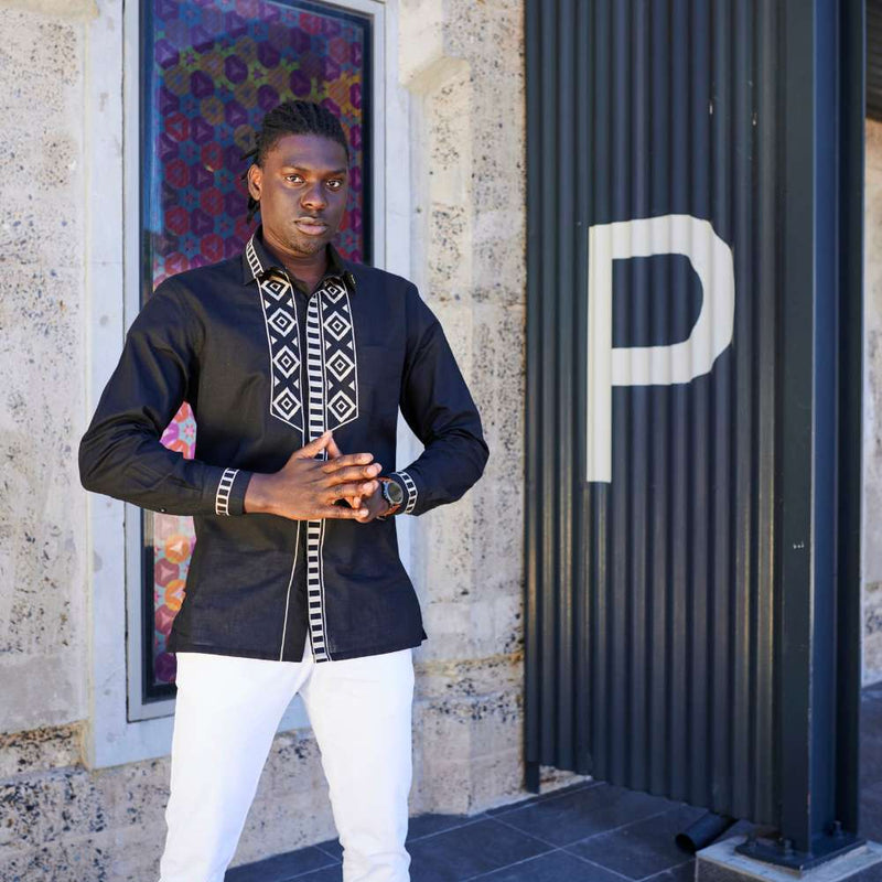 African Diamond - Black Long Sleeve Cotton Linen Embroidered Men's Shirt