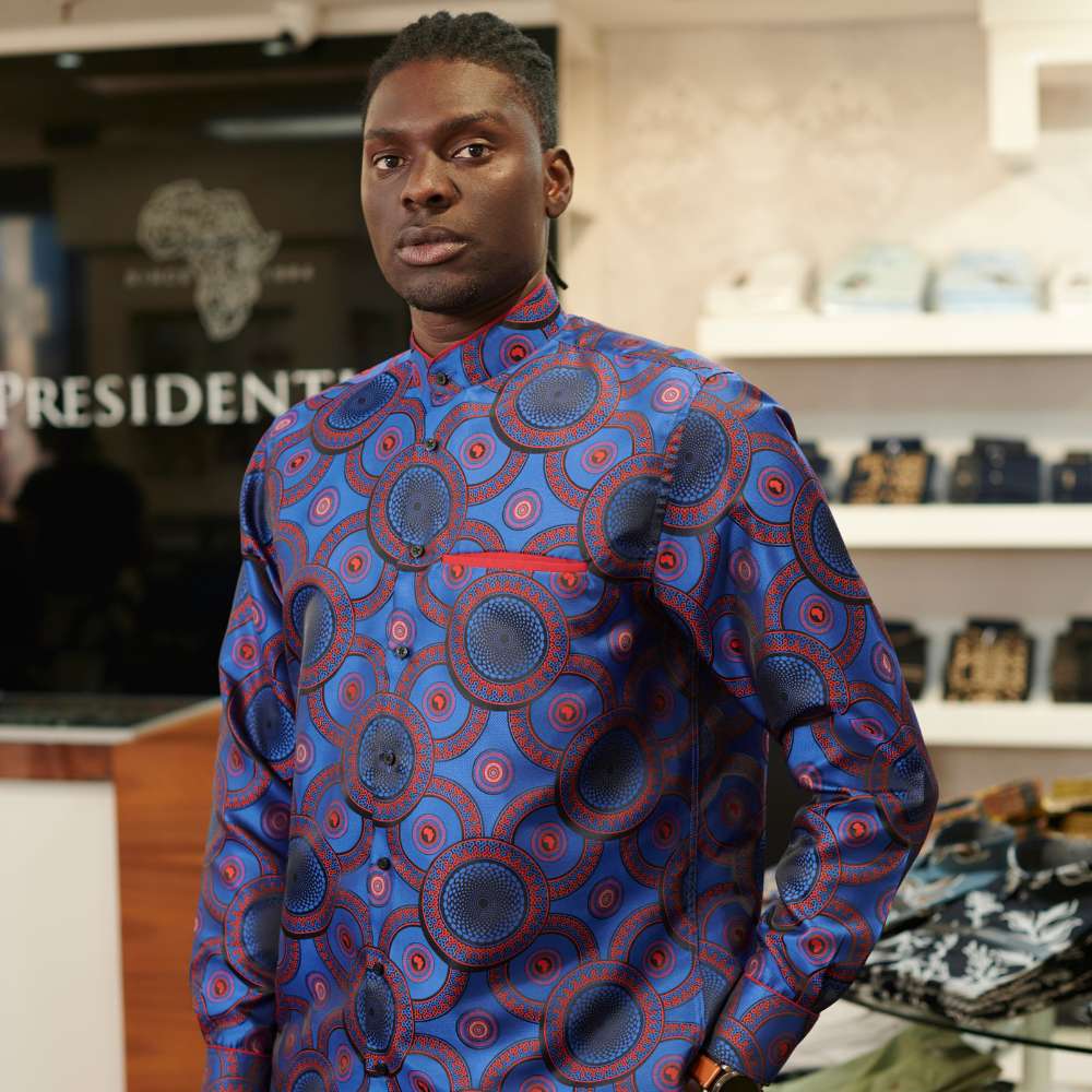 Large African Circle - Blue Red Long Sleeve Jacquard Woven Men's Shirt