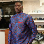 Large African Circle - Blue Red Long Sleeve Jacquard Woven Men's Shirt