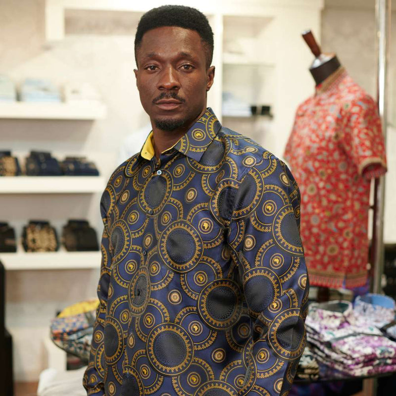 Large African Circle - Navy Long Sleeve Jacquard Woven Men's Shirt