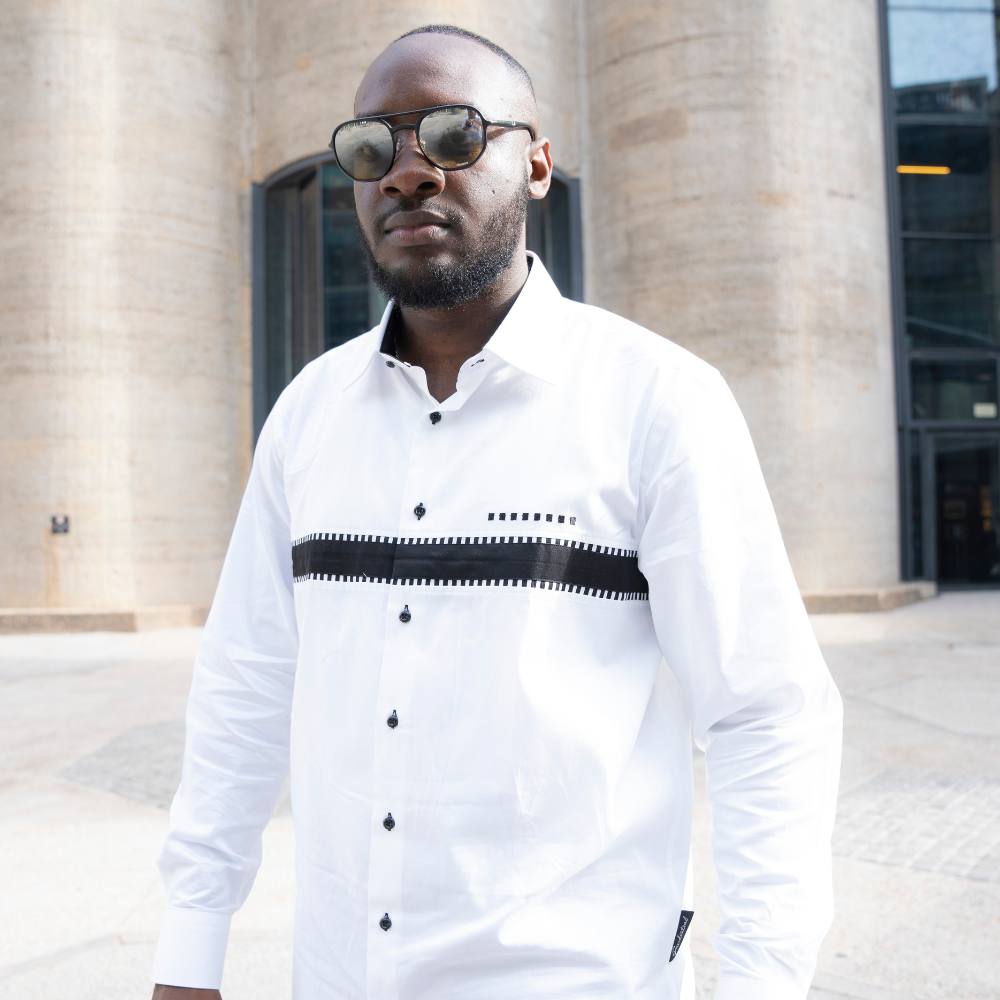 Chest Horizontal Beam White Long Sleeve Cotton Men's Shirt