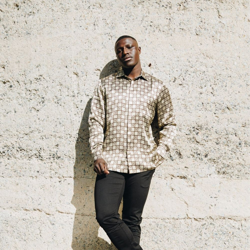 Madiba Original - Brown Check Men's Long Sleeve Silk Shirt