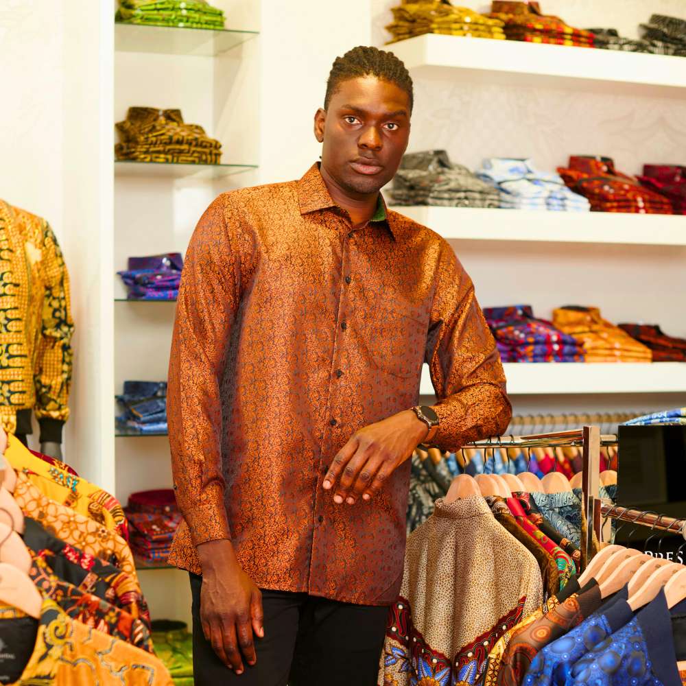 Madiba's Paisley - Orange Long Sleeve Jacquard Woven Men's Shirt