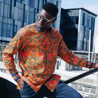 Autum Leaves Blue Men's Long Sleeve Printed Cotton Shirt