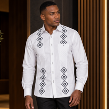 Double Diamond - White Long Sleeve Linen Cotton Embroidered Men's Shirt