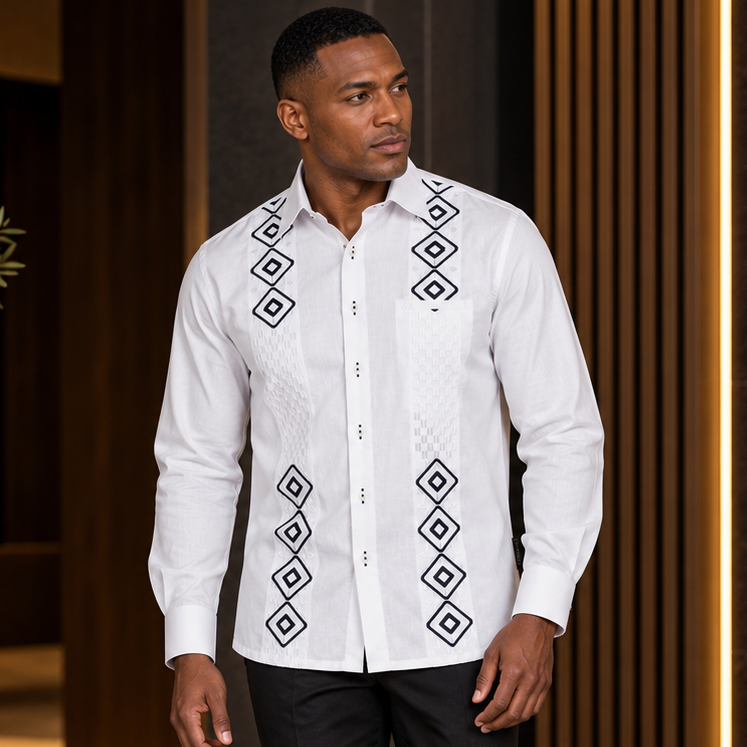 Double Diamond - White Long Sleeve Linen Cotton Embroidered Men's Shirt