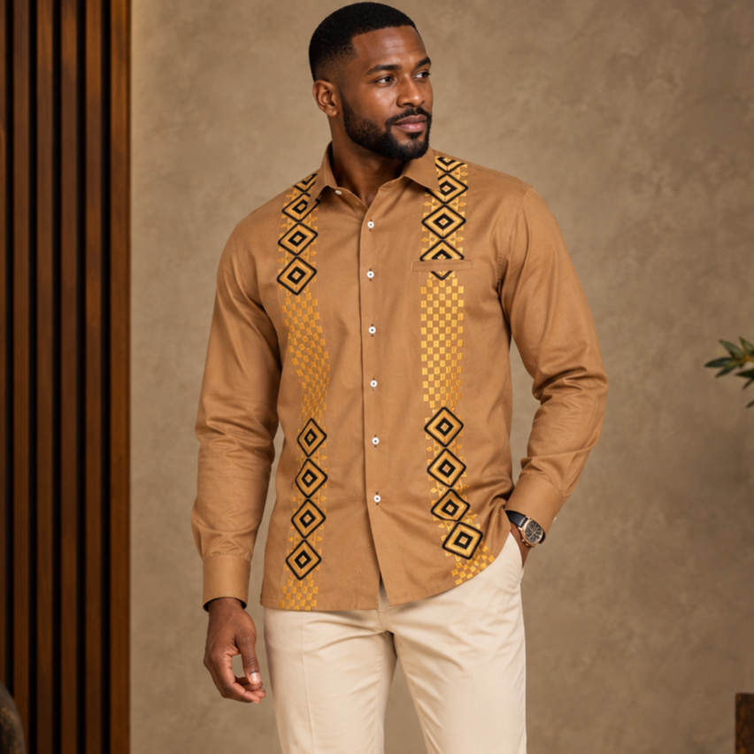 Double Diamond - Sand Long Sleeve Linen Cotton Embroidered Men's Shirt