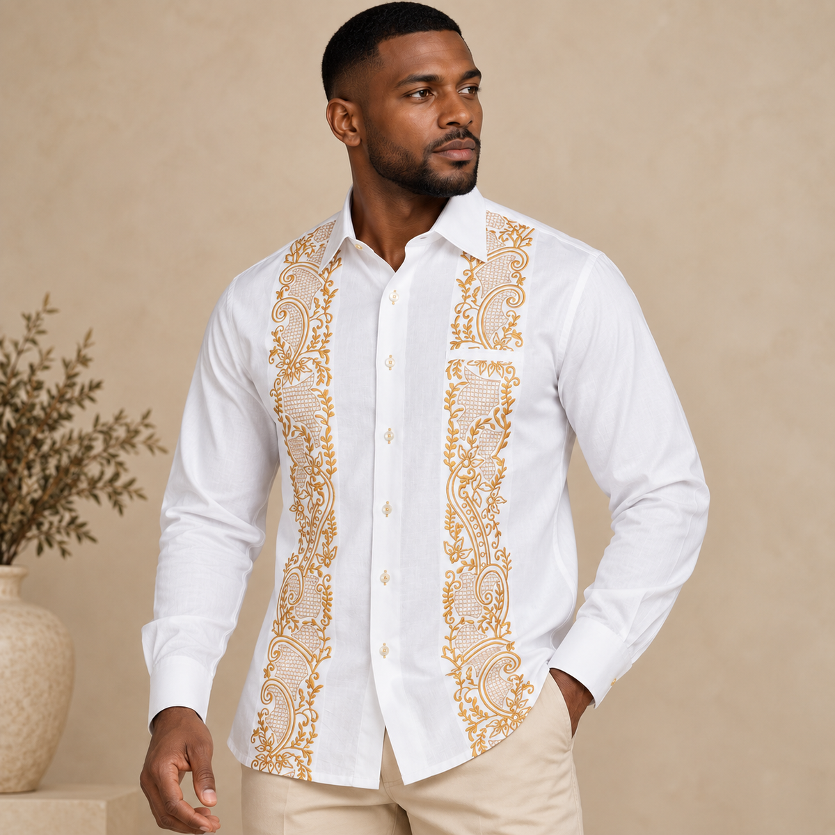 Flora Ivy - White Long Sleeve Linen Cotton Embroidered Men's Shirt