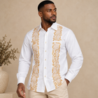 Flora Ivy - White Long Sleeve Linen Cotton Embroidered Men's Shirt