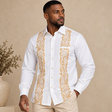 Flora Ivy - White Long Sleeve Linen Cotton Embroidered Men's Shirt