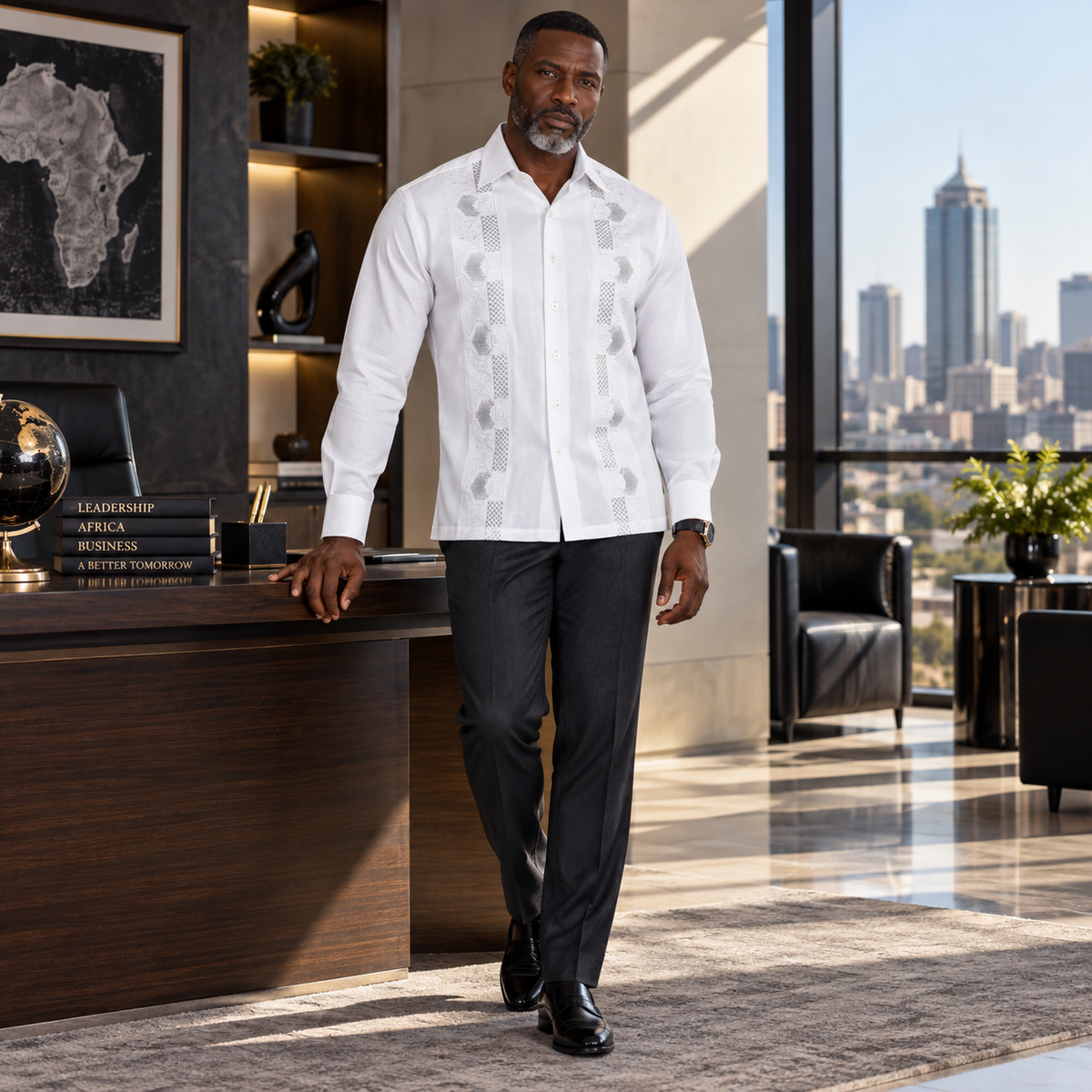 Noble Stripe - White Long Sleeve Linen Cotton Embroidered Men's Shirt
