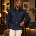 Cuban Luxury - Navy Long Sleeve Linen Cotton Embroidered Men's Shirt