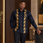 Diagonal Stripe - Navy Long Sleeve Linen Cotton Embroidered Men's Shirt