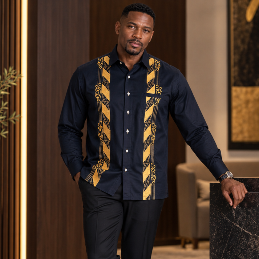 Diagonal Stripe - Navy Long Sleeve Linen Cotton Embroidered Men's Shirt