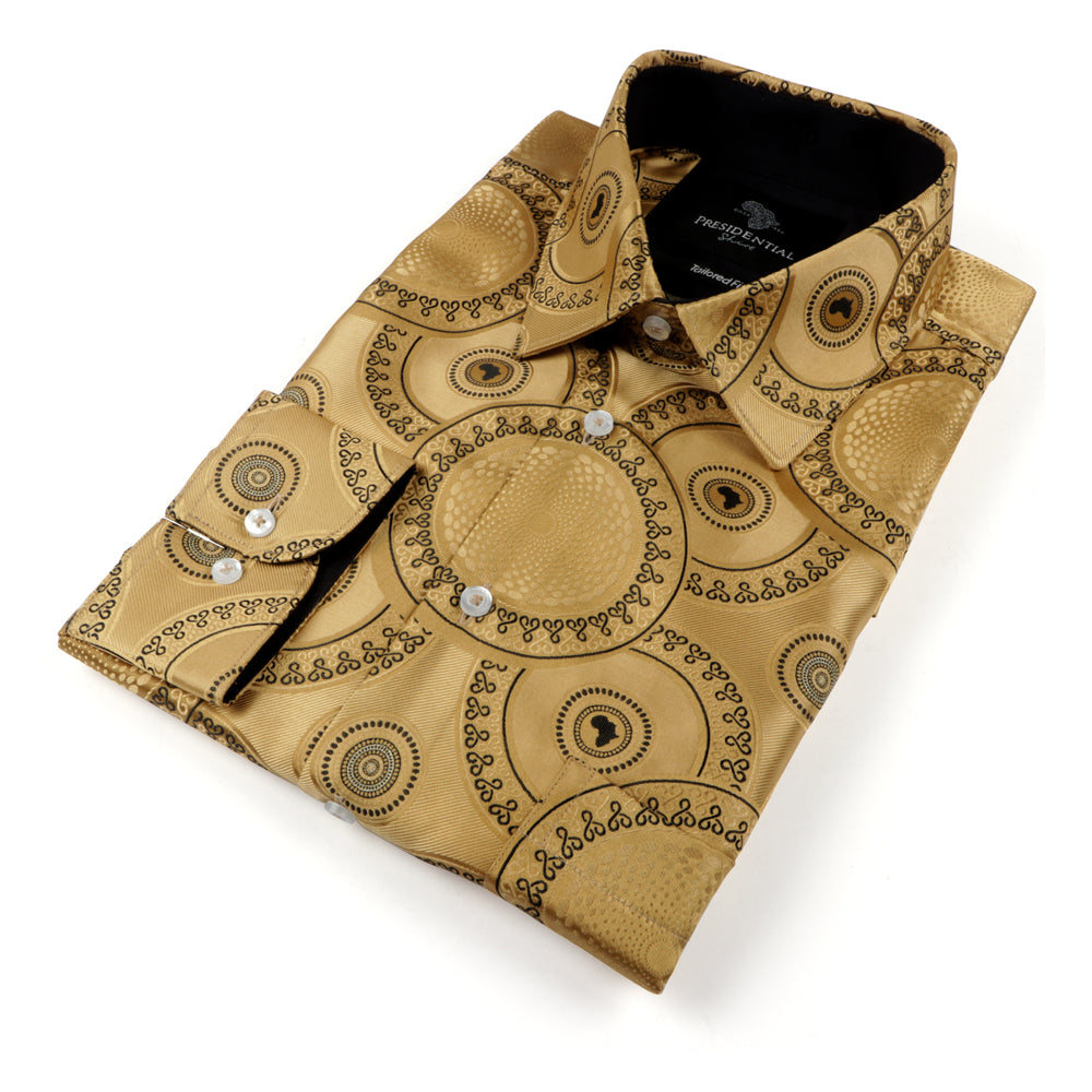 Large African Circle - Gold Long Sleeve Jacquard Woven Men's Shirt