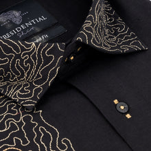 Classic Paisley- Black Gold Long Sleeve Cotton Linen Embroidered Men's Shirt