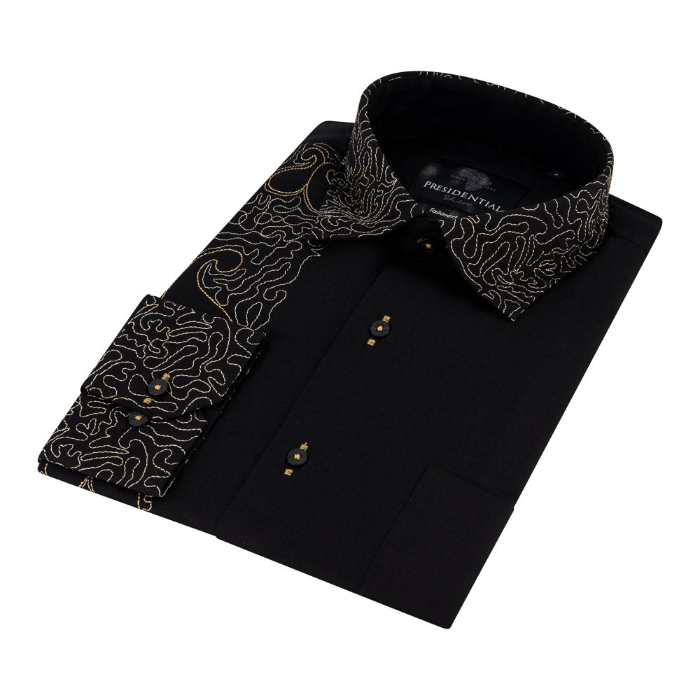 Classic Paisley- Black Gold Long Sleeve Cotton Linen Embroidered Men's Shirt