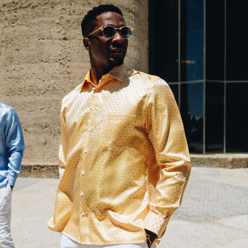 Paisley Fish - Gold Long Sleeve Jacquard Woven Men's Shirt
