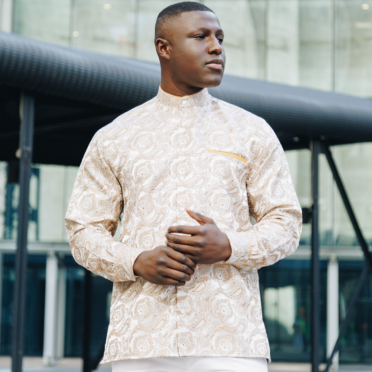 Paisley Leave - Light Brown Men's Jacquard Satin Luxury Formal Shirt