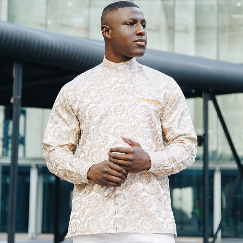 Paisley Leave - Light Brown Men's Jacquard Satin Luxury Formal Shirt