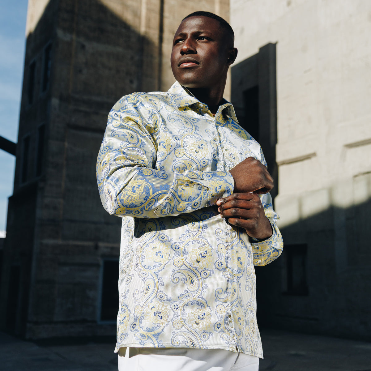 Paisley Flower - Blue Yellow Men's Jacquard Satin Luxury Formal Shirt