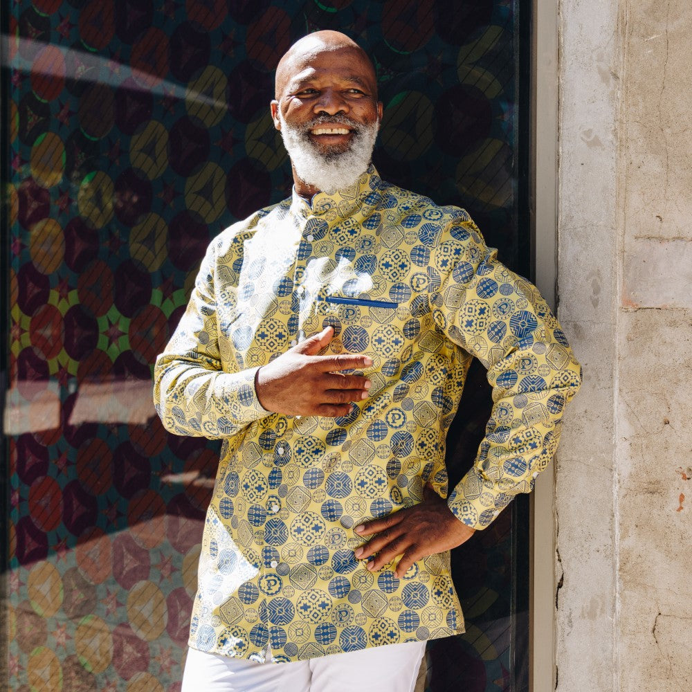 African Baloons Yellow Men's Jacquard Satin Luxury Formal Shirt