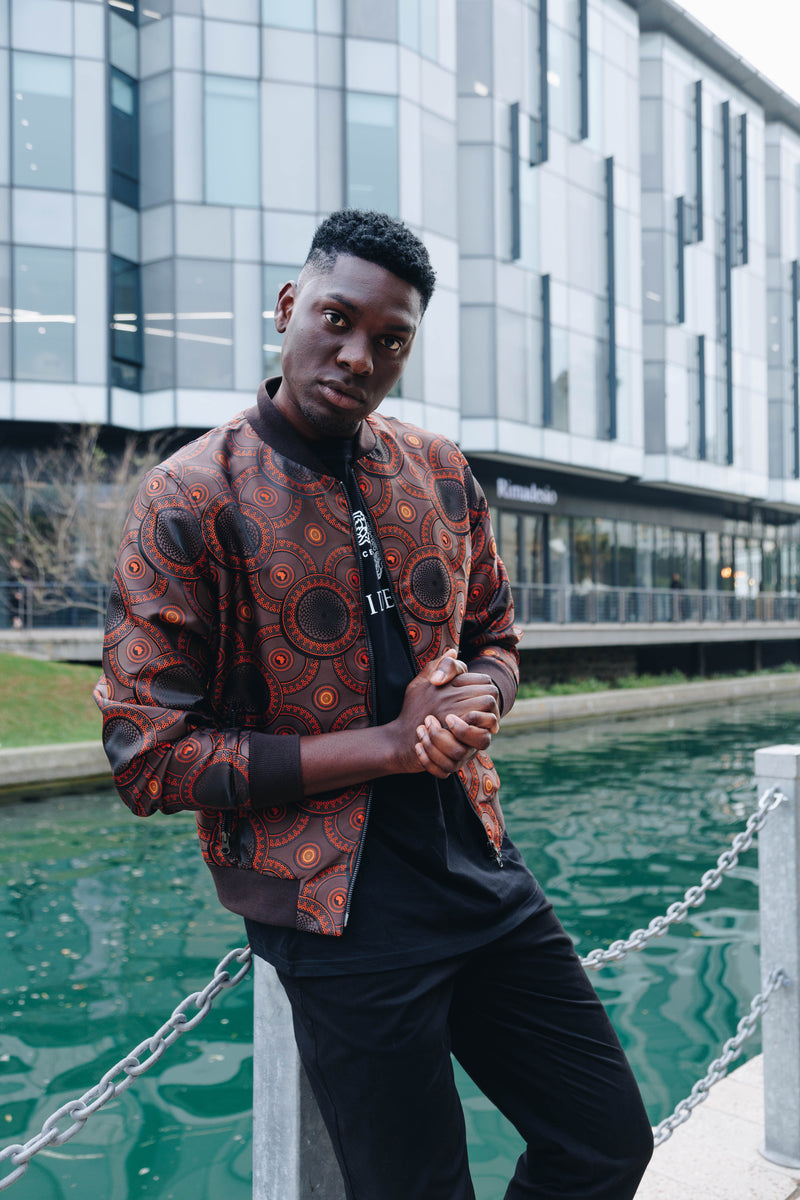 Men’s Brown Jacquard Woven Bomber Jacket – Stylish Outerwear