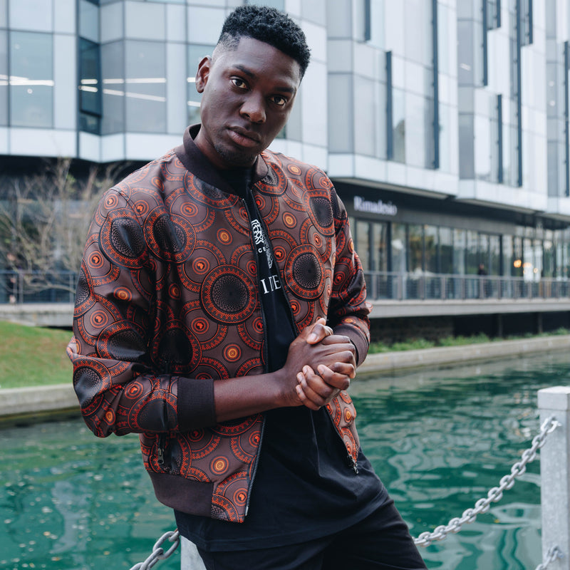 Men’s Brown Jacquard Woven Bomber Jacket – Stylish Outerwear